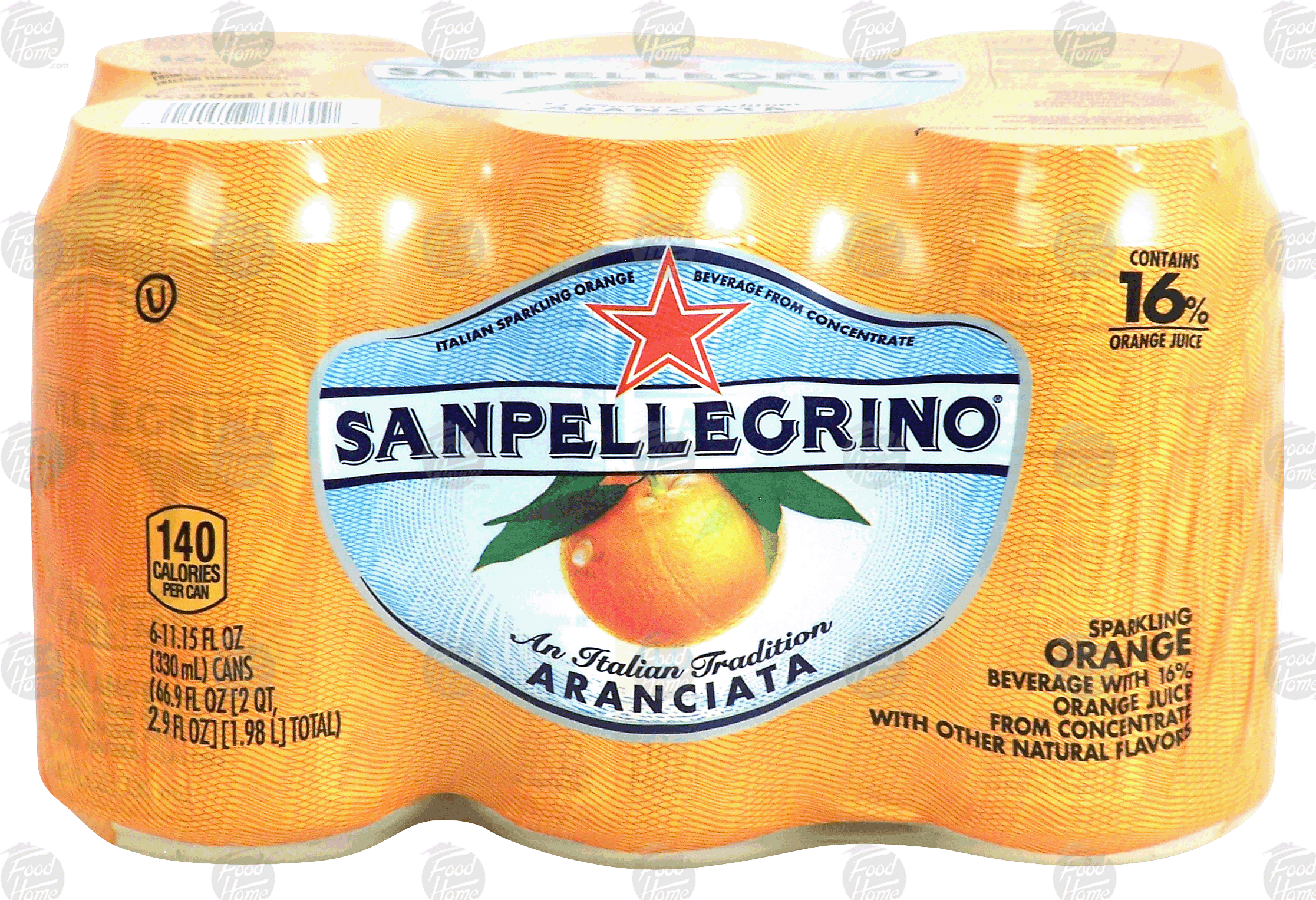 Sanpellegrino  aranciata; sparkling orange beverage with 16% orange juice from concentrate, 6- 11.15 fl oz cans Full-Size Picture